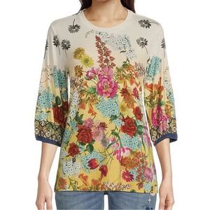 New JOHNNY WAS Tunic Top Women's XL Floral 3/4 Sleeve Bohemian Stretch‎ Boho